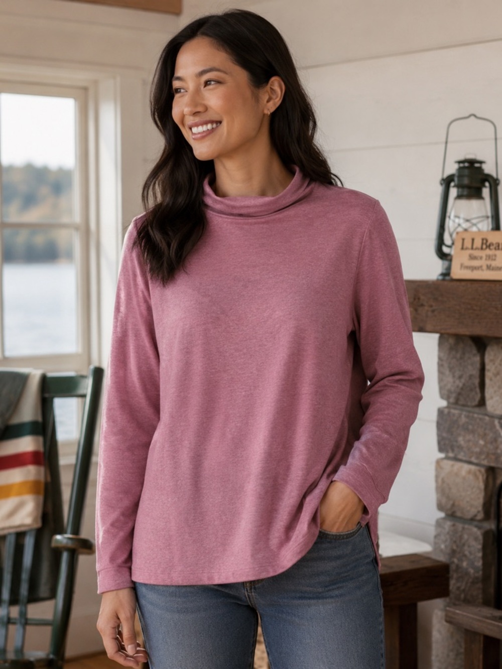 L.L. Bean Women’s Pink Mock Neck Long Sleeve Shirt - Size M